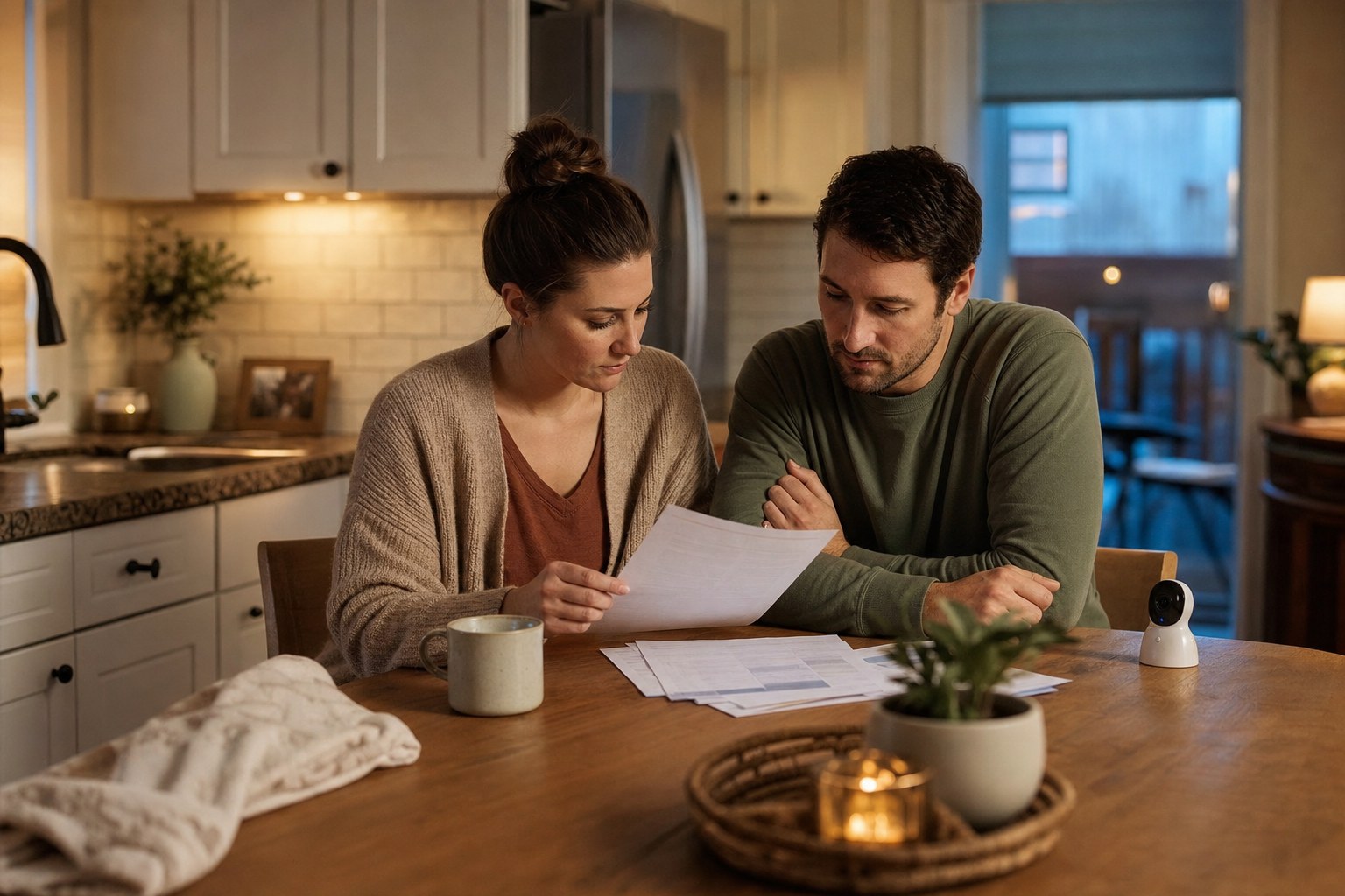 A young couple at their kitchen table reviewing coverage papers with a baby monitor nearby