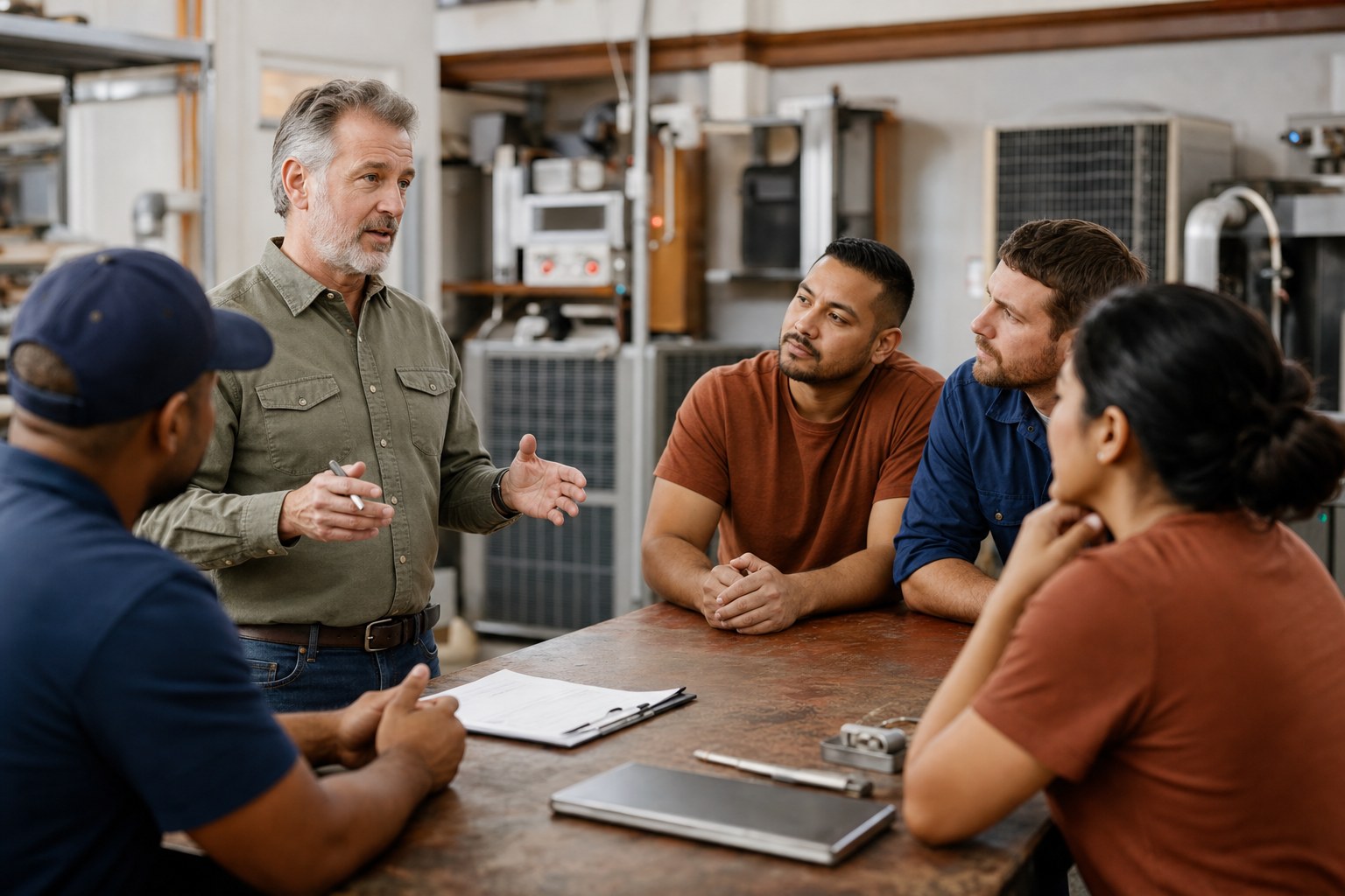 Jonah leads a short open-enrollment meeting with heating and air company employees