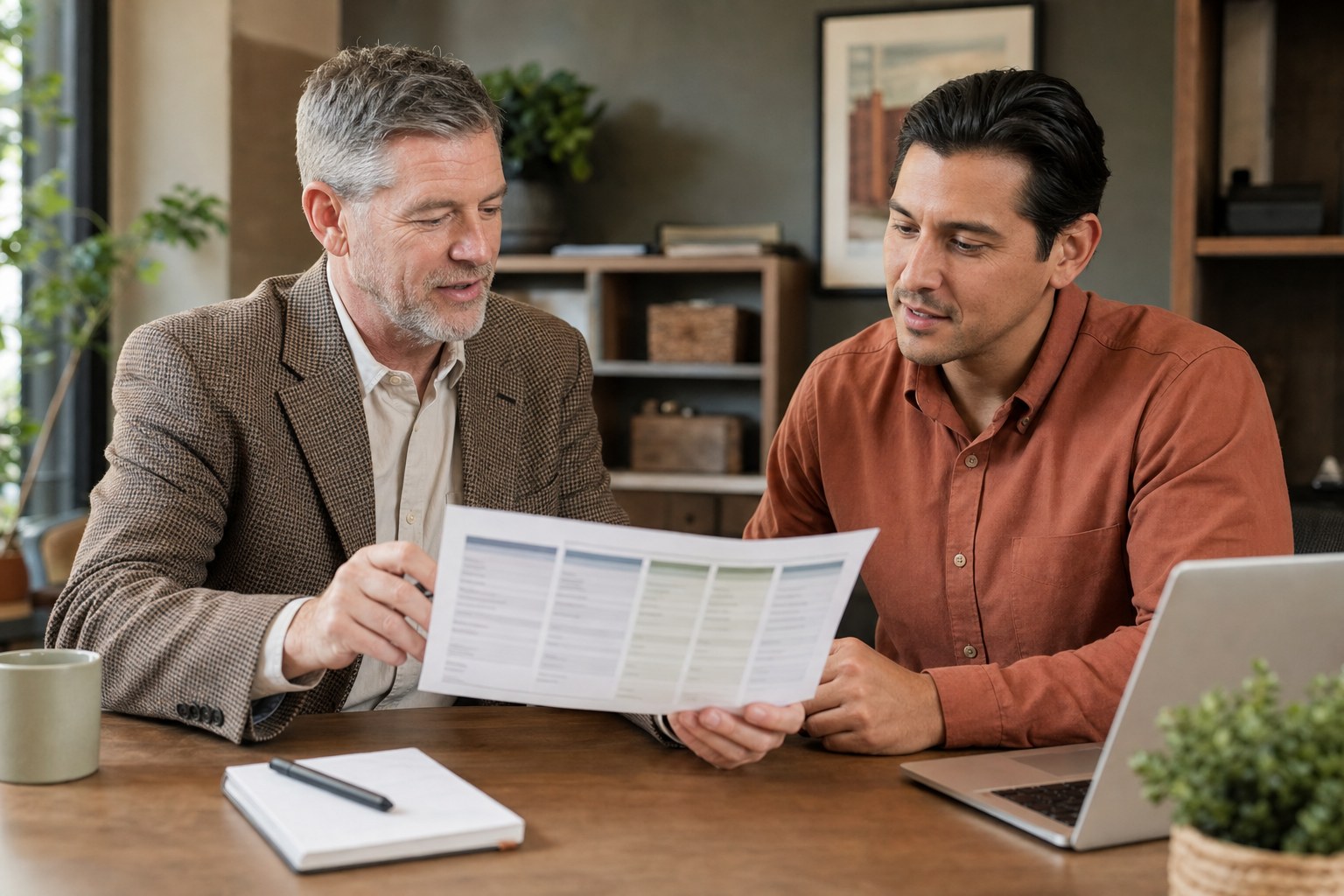 A small business owner and Jonah review a side-by-side benefits comparison