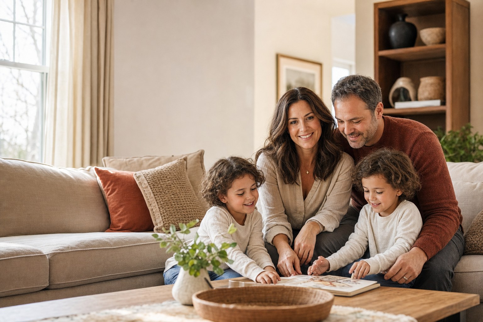 Simone with her husband and twins at home