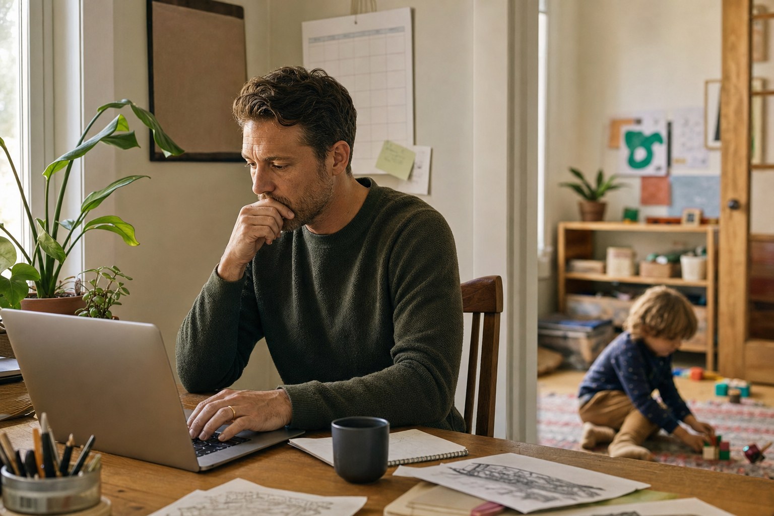 A self-employed parent works from a calm home studio