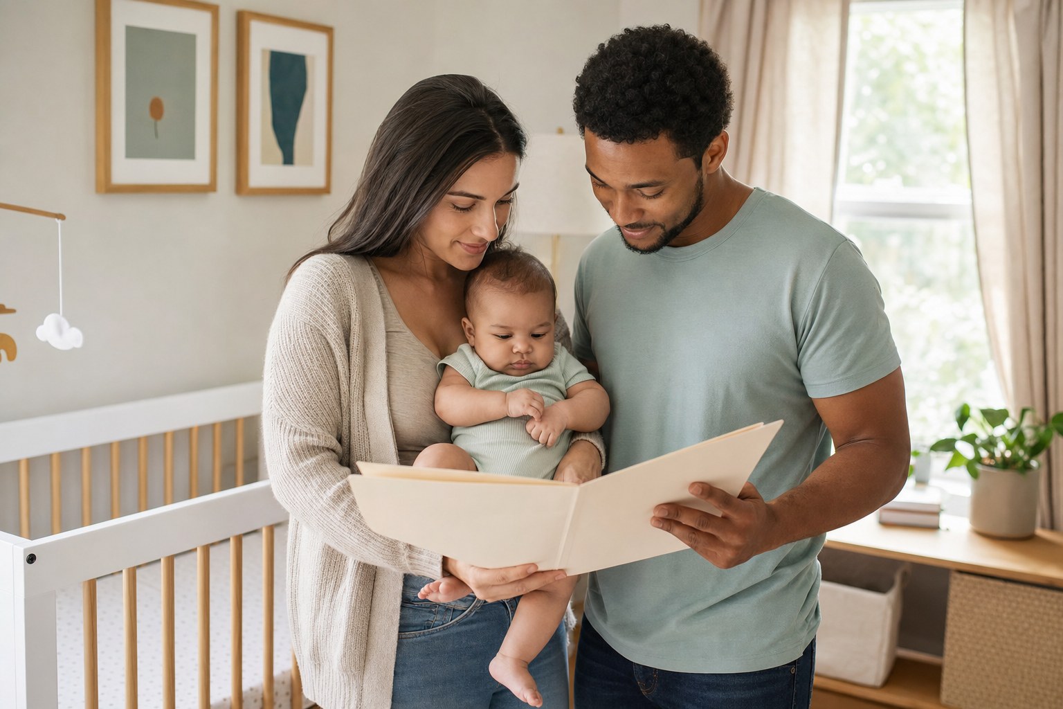 New parents holding their baby in a nursery