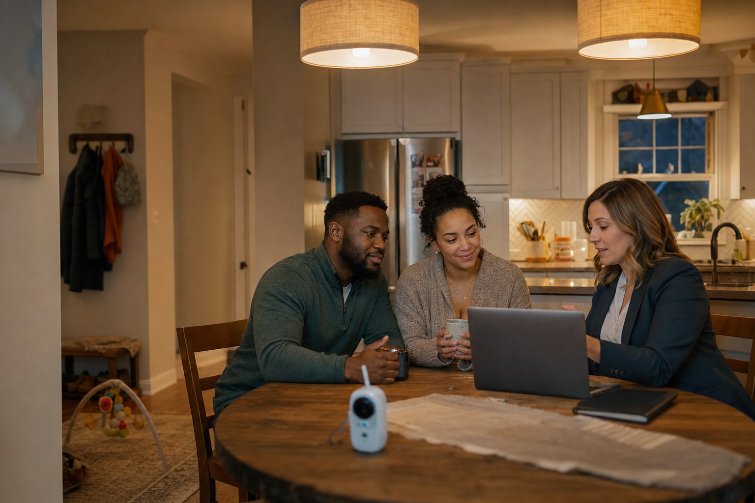 A young couple meets with an adviser at their kitchen table in the evening